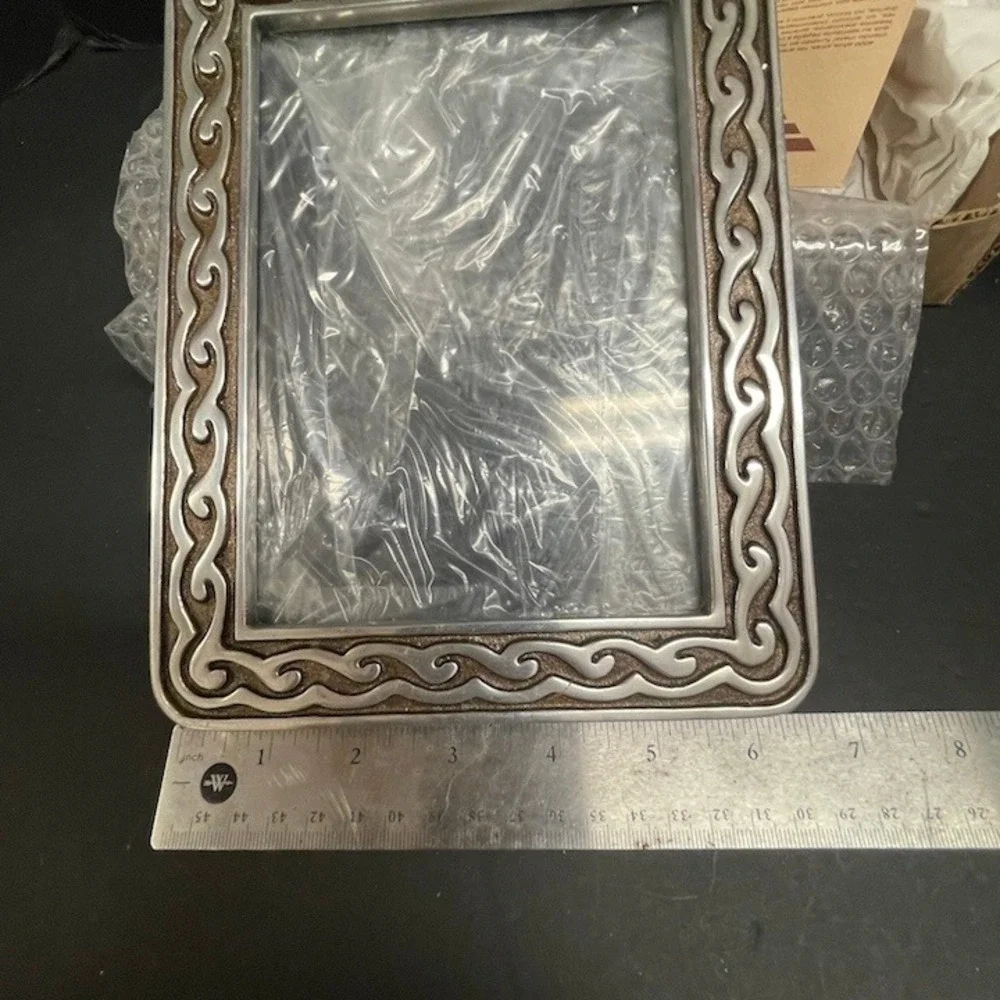 Vintage Teotihuacan Tlalminilolpan Mexican Pewter Frame NOS Original Box
